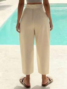 EMERY ROSE Women's Apricot Casual Daily Street Chic High Waist Slant Pocket Fold Pleated 7/8 Length Carrot Pants