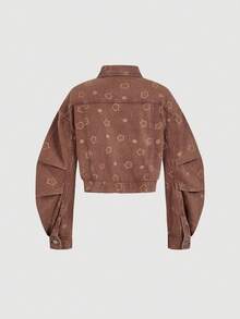 Selenza Women's Drop Shoulder Long Sleeve Front Button Pleated Floral Print Denim Jacket - Brown - View 2