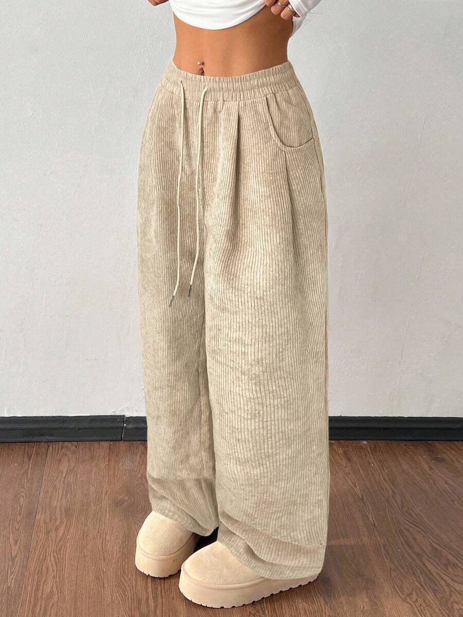 SHEIN PETITE 女款秋冬街頭時尚休閒復古燈芯絨紋理褲,針織鬆緊腰寬鬆女用亞麻寬腿褲,秋季小個女裝 - 卡其色 - 查看 1