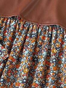 2 件套青少年女孩休闲 PU 皮革吊带背心和印花荷叶边长袖连衣裙，中式领，优雅日常装扮，春秋季 - 咖啡棕 - 查看 7