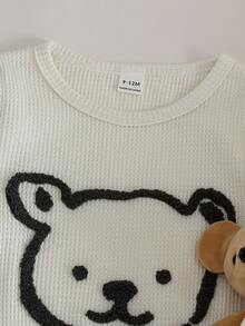 SHEIN 男婴华夫格圆领可爱动物及英文标语刺绣长袖连体衣，秋冬款 - 杏色 - 查看 4