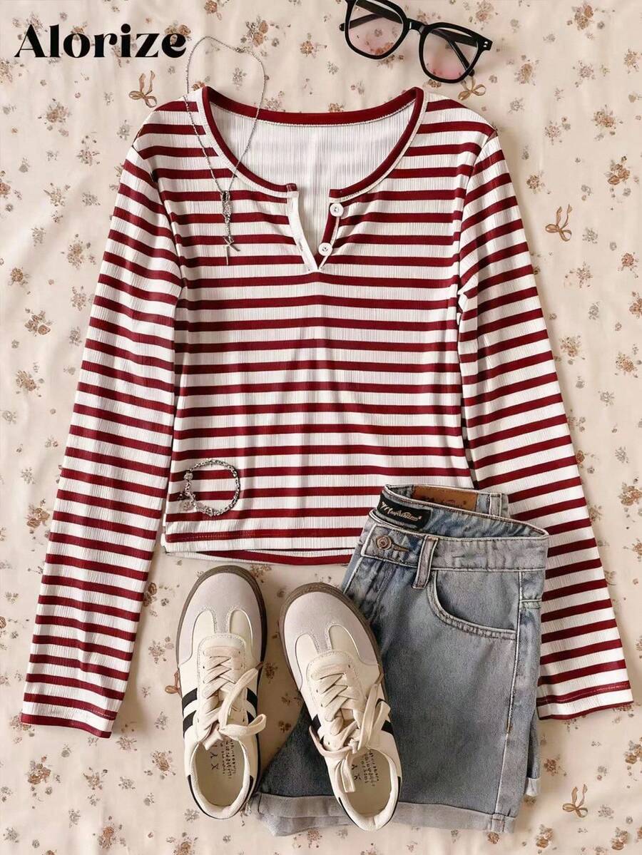 Teen Girl Casual Versatile Short Sleeve V-Neck Button Front Top, Suitable For Walking, Shopping, Work, School, Travel, Can Be Paired With Jackets, Vests, Pants, Sweatpants - Burgundy - View 1