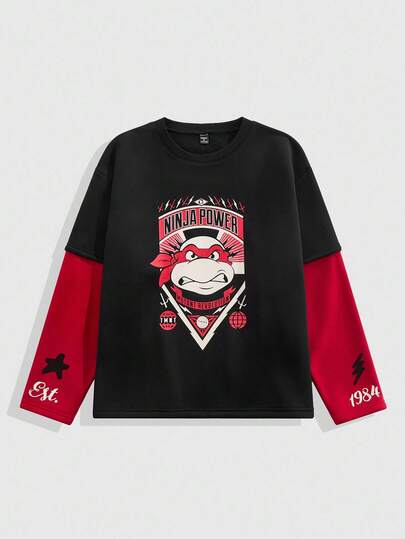 TEENAGE MUTANT NINJA TURTLES X ROMWE Street Life Camiseta de manga larga con cuello redondo, estampado de tortuga y bloques de color, casual para hombre, otoño