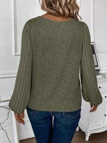 EMERY ROSE Plus Size Women Casual V-Neck T-Shirt, Autumn/Winter - Army Green - View 2