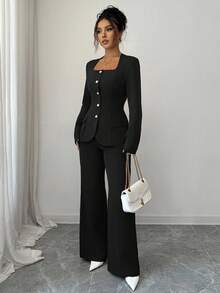 Elenzga 2 件套女士西装面料梯形领前金属纽扣腰部 A 字下摆开口袋长袖衬衫搭配纯色直筒裤，优雅办公室通勤街头风格，秋冬 - 黑色 - 查看 3