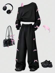 Sparklyn 2 件/套女孩超大休闲设计不对称肩带撞色天鹅绒蝴蝶结点缀长袖上衣和阔腿裤套装，适合春季、秋季、冬季的日常、通勤、休闲、度假、聚会、街头风格 - 黑色 - 查看 3