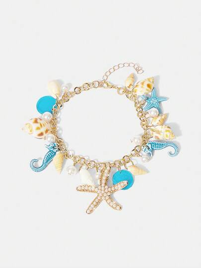 Y2Kool 1 pieza Pulsera de estilo bohemio con decoración de estrella de mar de aleación y perla para mujer, playa de verano