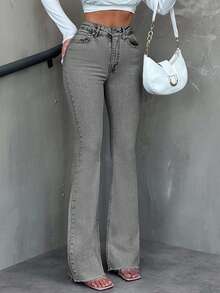 SHEIN Tall Casual Washed High Waist Slim Fit Flare Jeans - Grey - View 3