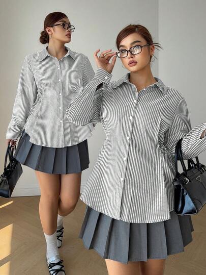 POPSWAY 美人鱼风格条纹腰部系带编织长袖休闲衬衫，宽松版型，适合学生、工作、校园，基本加大码