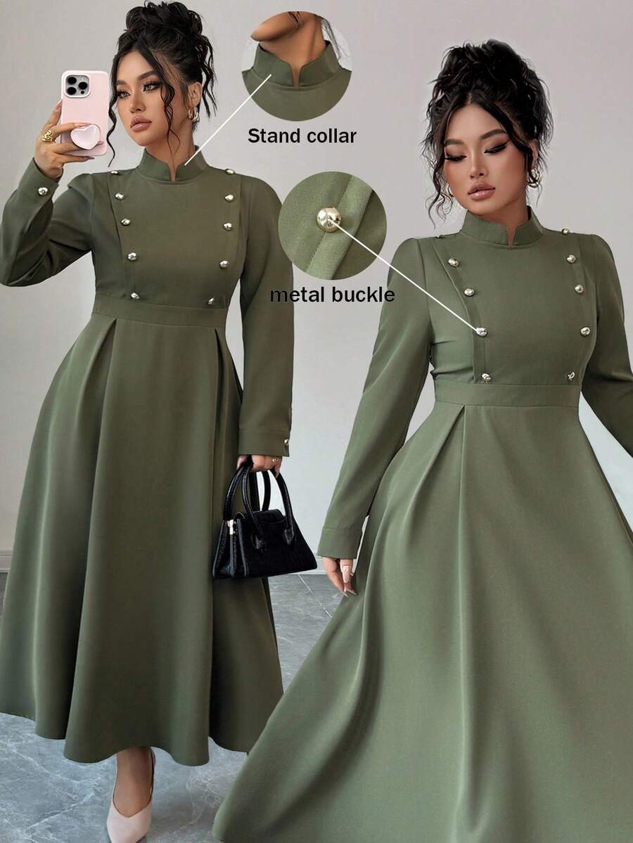 Elenzga 大码女士编织的优雅时尚秋季连衣裙 - 軍綠色 - 查看 1