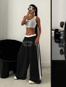 StreetHx 女士休闲宽松英伦印花阔腿运动裤 - 黑色 - 查看 5