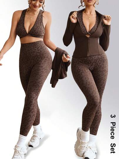 Slayform 女式纯色长袖拉链夹克、豹纹运动胸罩和紧身裤套装