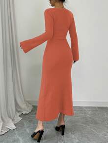 Elenzga Váy dệt kim ôm sát tay loe cài nút phía trước dành cho nữ - trái cam - Xem 2