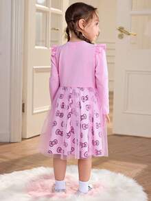 HELLO KITTY AND FRIENDS | SHEIN Young Girl Sweet Cute Print Round Neck Long Sleeve Mesh Bow Allover Print Flared Hem Knit Pink Dress - Pink - View 2