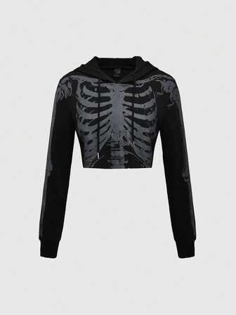 Grunge Punk Damen Crop Sweatshirt mit dunklem Skelett-Muster