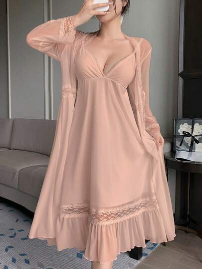 DAZY Romantic Mesh Lace Patchwork Robe Set With Camisole Nightgown, Women Sleepwear Set