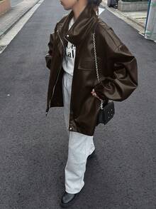 FRIFUL Chaqueta holgada con caída de hombros de moda para mujer, adecuada para ir al trabajo en otoño - Marrón - Ver 8