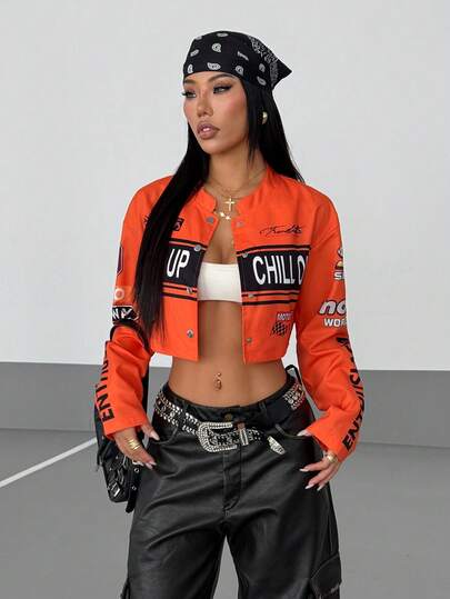 StreetHx Women's Streetwear Motorcycle Letter Print Cropped Jacket