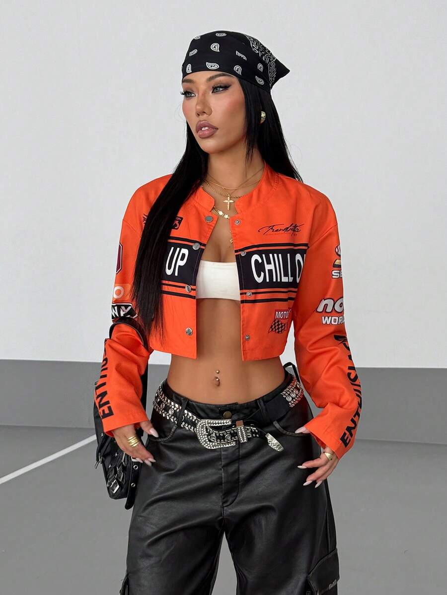 StreetHx Women's Streetwear Motorcycle Letter Print Cropped Jacket - Orange - View 1