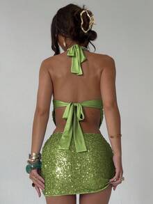 Aloruh Women's Y2K Plunging Neck Sequin Cropped Halter Top And Bodycon Mini Skirt Sexy 2 Pieces Set - Green - View 2