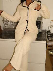 2pcs Lowkey Lull Almond Cream Soft & Simple Ribbed Casual Lounge Long Sleeve Top & Pants Fluffy Pajama Set, Minimalist Unisex Sleepwear For Women, Cozy Winter Clothes - Apricot - View 3