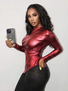 BamGleam Women's Solid Color Ruched Fitted Sexy Long Sleeve T-Shirt - Burgundy - View 7