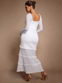 MaterniChic Maternity White Autumn Elegant Pregnant Dress, Solid Color Frill Trim Raglan Sleeve Side Slit Fitted Luxury Baby Shower Pregnancy Photoshoot Dress - White - View 2