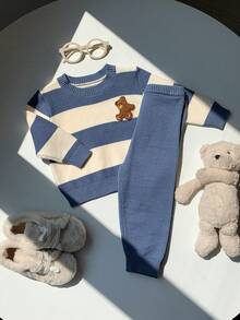 SHEIN 2pcs Baby Boy/Girl Cute Bear & Blue Striped Sweater And Blue Pants Set, Casual Autumn/Winter Unisex Baby Clothes - Multicolor - View 3