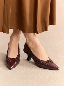Rosivie Women's Pointed Toe Ruched Kitten Heel Flats, Elegant & Comfortable French Style Slip-On Shoes, Suitable For All Seasons - Coffee Brown - View 9