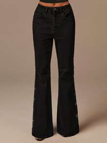 Athîral Quần jeans ống loe cạp trễ giặt thường ngày dành cho nữ - màu đen - Xem 4