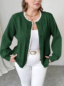 SHEIN Clasi 大码女式纯色蕾丝宽松休闲开衫，秋冬 - 墨綠色 - 查看 1