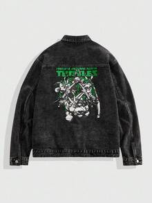 ROMWE MEN TEENAGE MUTANT NINJA TURTLES X ROMWE 男式休闲时尚街头卡通乌龟与标语印花撞色条纹侧毛边翻盖口袋水洗牛仔夹克 - 黑色 - 查看 7