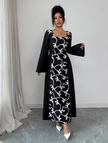 Yasmyna 女式编织网眼刺绣长袖方领高腰喇叭下摆优雅阿拉伯风格连衣裙，秋冬 - 黑色 - 查看 6