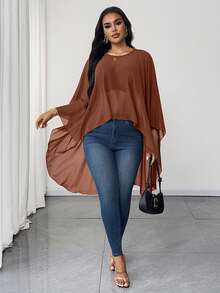 Maweii 大码纯色圆领不对称下摆优雅衬衫 - 駝色 - 查看 6