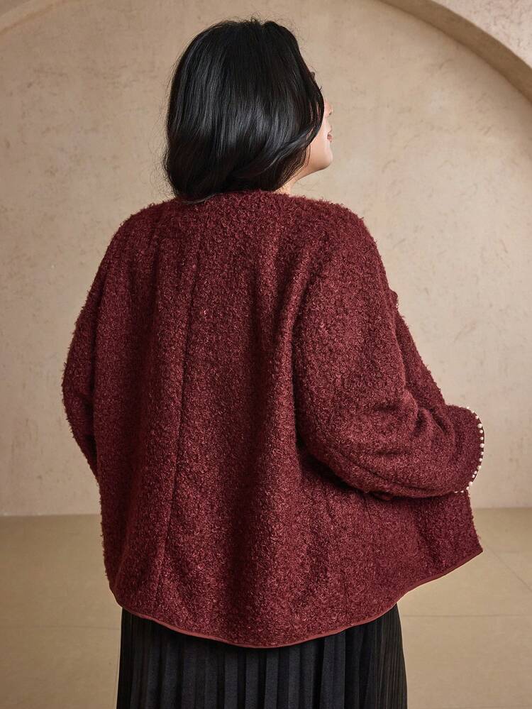 Dazy Plus Plus Size Red New Year & Christmas, Faux Pearl Decor Loose Fit Thick Thermal Lined Elegant Jacket, Autumn/Winter