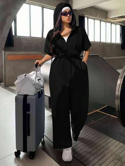 SHEIN EZwear Czarny, swobodny kombinezon z kapturem w dużym rozmiarze