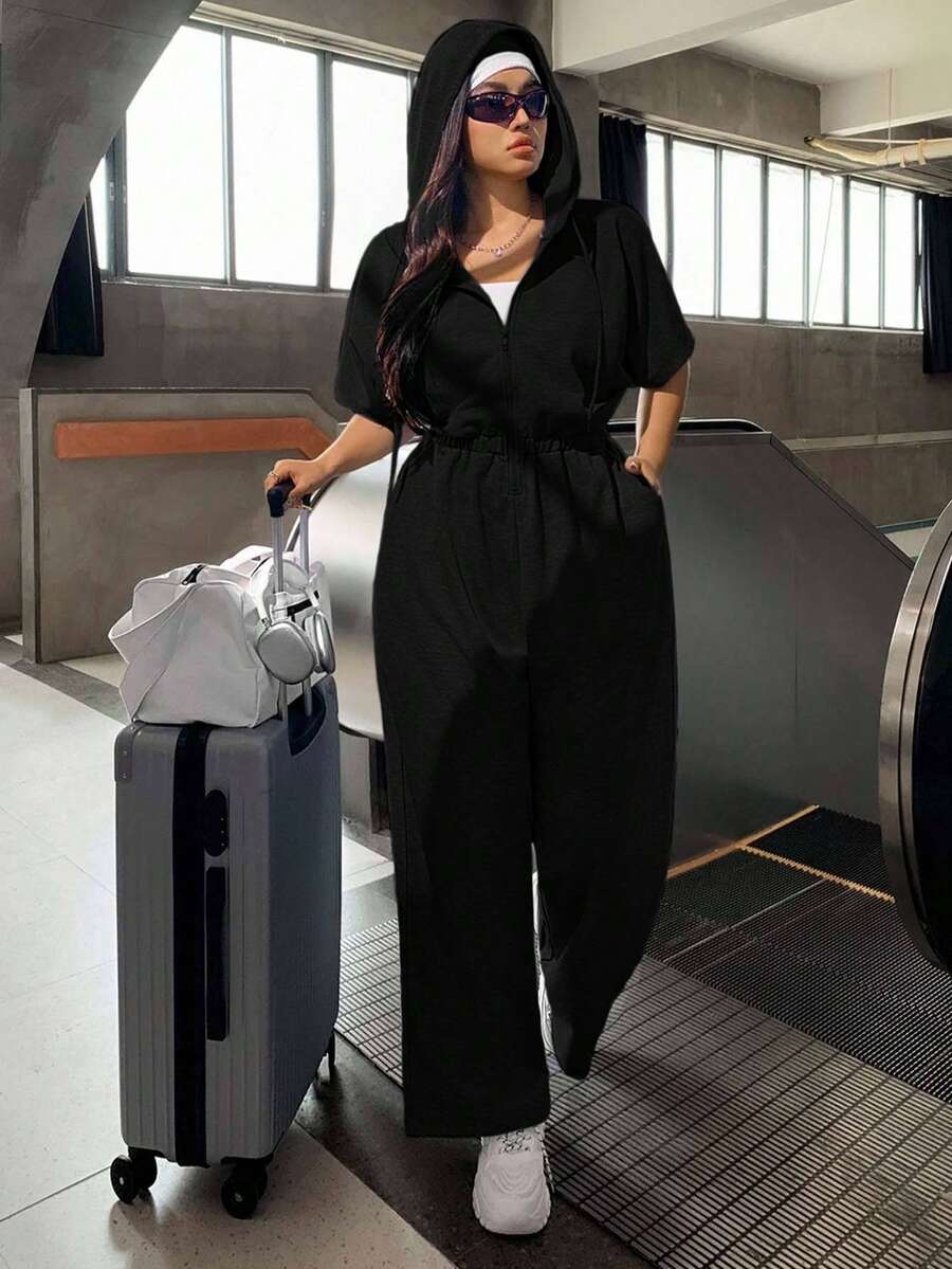SHEIN EZwear Bộ đồ liền thân hoodie đen thường ngày cỡ lớn - màu đen - Xem 1