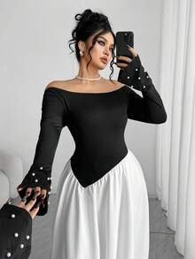 Elenzga Vestido asimétrico de mujer talla grande con hombros descubiertos, mangas acampanadas y perlas falsas, de estilo francés romántico y vintage elegante para otoño/invierno - Blanco y Negro - Ver 8