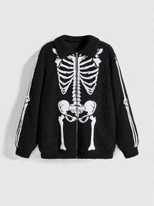 ROMWE Gothic Skeleton Print Fleece Women Jacket For Halloween - Black - View 11