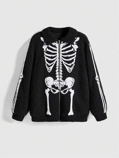 Goth Gothic Skeleton Print Fleece Women Jacket For Halloween