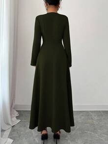 Elenzga Women's Elegant Coffee Brown Round Neck Front Zipper High-End Design Waist Fitted Flared Long Sleeve Midi Dress, Suitable For Commuting In Autumn - Army Green - View 2
