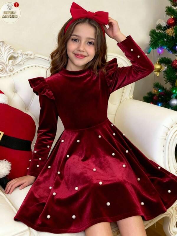 SHEIN Tween Girl Elegant Patchwork Stand Collar Ruffle Trim Long Sleeve Velvet Beaded Swing Dress, Christmas Party Dress, Girls Holiday Formal Dress, Christmas New Year Party Outfit Velvet Dress For Girls Dresses For 11 Years Old Red Christmas Girls Dress Burgundy Kids Dress Teen Girls Elegant Long Sleeve Dresses