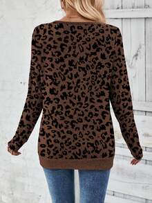 EMERY ROSE Autumn/Winter New Fashion Casual Hem Ruched Button V-Neck Long Sleeve T-Shirt, Coffee Color Base With Black Leopard Print - Multicolor - View 3