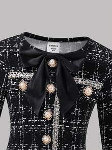 SHEIN Serisse Kids 年轻女孩优雅黑色粗花呢长袖中长连衣裙，适合派对、生日、圣诞节、活动、聚会、野餐、姐妹装 - 黑色 - 查看 7