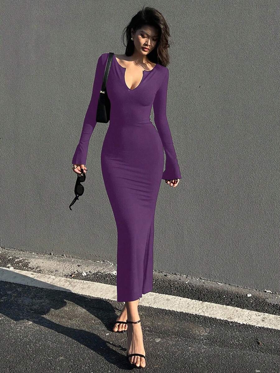 DAZY Women's V-Neck Wrap Long Sleeve Midi Dress | SHEIN USA