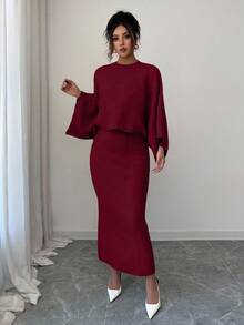 Elenzga Yellow Long Sleeve Top And Straight Skirt 2 Pieces Set, Elegant And Suitable For Party, Commute In Autumn/Winter - Red - View 3
