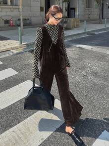 FRIFUL 女士天鹅绒宽松阔腿裤，休闲都市风格连体裤，秋季