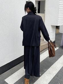 DAZY Damen elegantes, locker geschnittenes Blazer-Jackett mit Doppelreihe Knöpfen und langem plissiertem Rock 2 Stücke Set, Freizeitkleidung