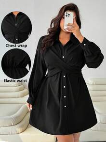 Solflare Váy sơ mi cài nút phía trước màu trơn thường ngày cỡ lớn dành cho người đi làm - màu đen - Xem 1