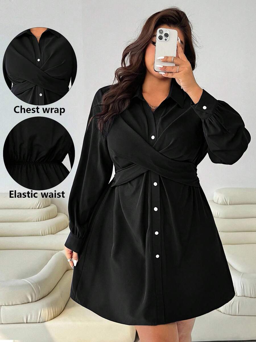 Solflare Váy sơ mi cài nút phía trước màu trơn thường ngày cỡ lớn dành cho người đi làm - màu đen - Xem 1